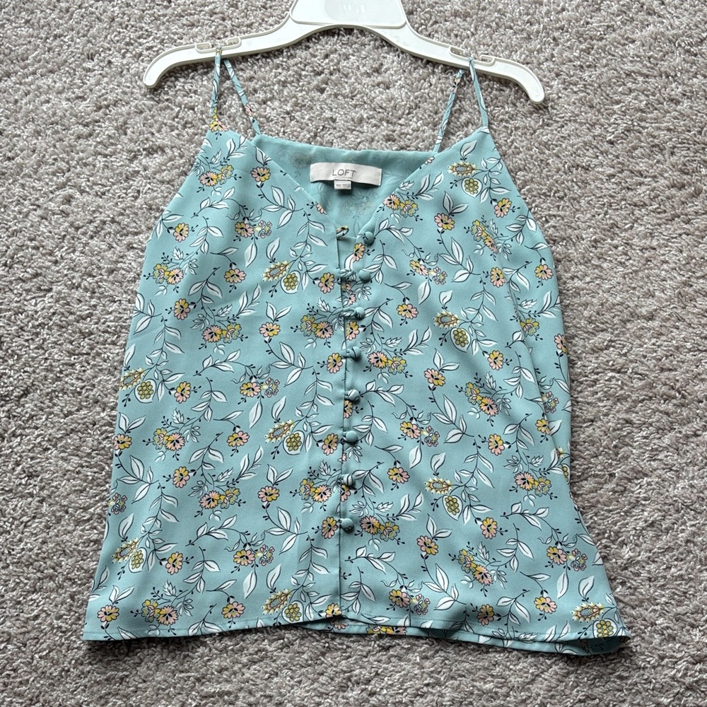 LOFT Teal Floral Covered Button Strappy Cami